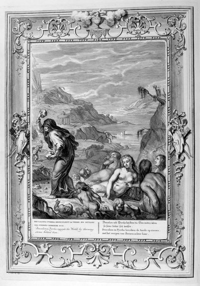 Deukalion und Pyrrha bevölkern die Welt neu, indem sie Steine hinter sich werfen, 1733 von Bernard Picart