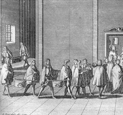 Verschiedene Phasen des Konklaves, Treffen der Kardinäle zur Wahl eines neuen Papstes: die Rationen werden während des Konklaves gemacht (Vatikan: Ankunft von Lebensmitteln während des Konklaves) Gravur aus „Illustration religiöser Zeremonien und Bräuche a von Bernard Picart