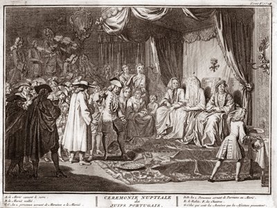 Jüdische Hochzeit in der jüdisch-portugiesischen Gemeinde) Gravur aus "Illustration religiöser Zeremonien und Bräuche aller Völker der Welt" von Bernard Picart (1723-1743) von Bernard Picart