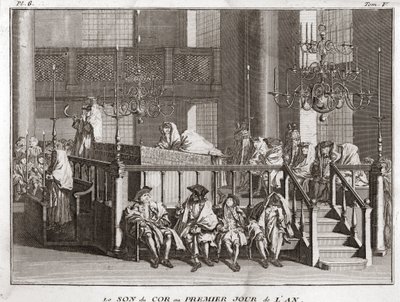 Judentum: der Klang des Horns am ersten Tag des Jahres (Klang des Schofars an Rosch ha-Schana) (Jüdisches Neujahrsfest: Blasen des Schofarhorns an Rosch Haschana) Gravur aus „Illustration religiöser Zeremonien und Bräuche aller Völker“ von Bernard Picart