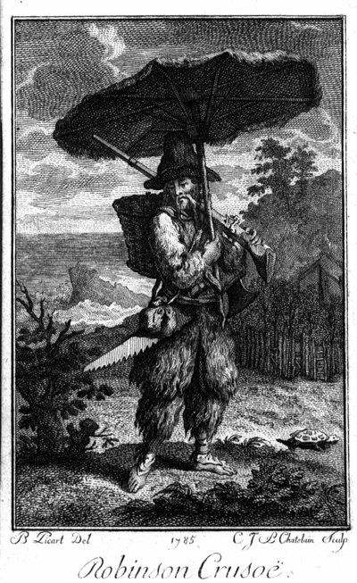 Darstellung von Robinson Crusoe auf seiner einsamen Insel. Gravur von Bernard Picart (1673-1733) zur Illustration des Romans von Daniel Defoe (1660-1731) von Bernard Picart