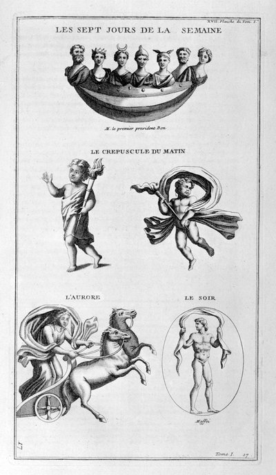 Sieben Tage der Woche. Dämmerung, Morgen, Morgendämmerung, Abend, 1757 von Bernard de Montfaucon