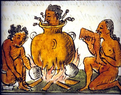 Ritueller Kannibalismus bei den Azteken. Manuskript von Bernardino de Sahagun. 17. Jahrhundert. (Detail) von Bernardino de Sahagun