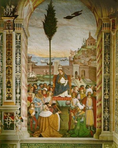 Aeneas Silvius Piccolomini, Papst Pius II. im Hafen von Ancona, Italien, wo er starb, während er auf die Kreuzfahrer wartete von Bernardino di Betto Pinturicchio
