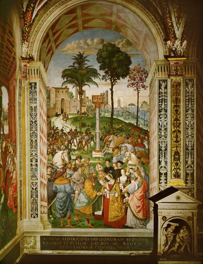Aeneas Silvius Piccolomini, damals Bischof von Siena, stellt Kaiser Friedrich III. seiner Braut Eleonore von Portugal vor von Bernardino di Betto Pinturicchio