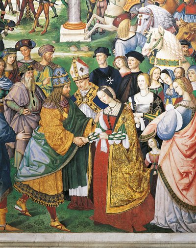 Enea Silvio Piccolomini, Bischof von Siena, bei der Krönung von Friedrich III. und Eleonore von Aragon (Detail) von Bernardino di Betto Pinturicchio