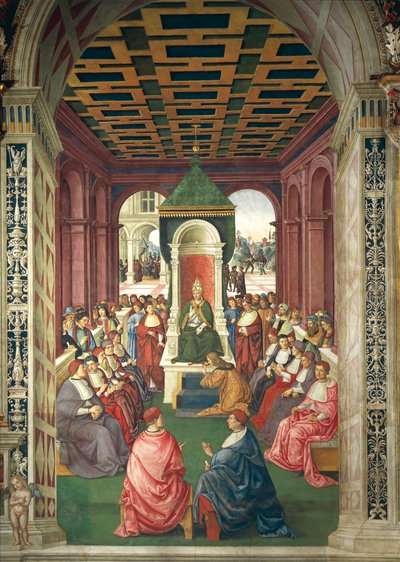 Italien, Siena, Kathedrale, Piccolomini-Bibliothek, Enea Silvio Piccolomini in der Unterwerfung vor Papst Eugen IV. (Detail) von Bernardino di Betto Pinturicchio