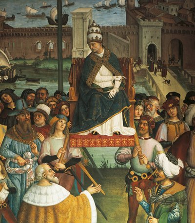 Pius II., Detail aus Papst Pius II. Piccolomini kommt in Ancona an, um den Kreuzzug zu beginnen von Bernardino di Betto Pinturicchio