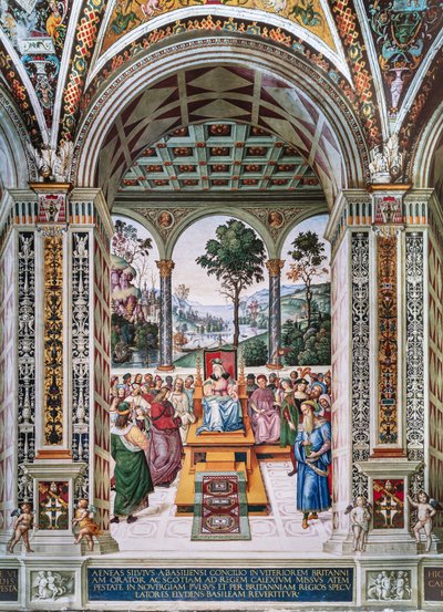 Die Piccolomini-Bibliothek, Nordostwand: „Aeneas Sylvius hält eine Rede vor König Jakob I. von Schottland, Winter 1435“ von Bernardino di Betto Pinturicchio