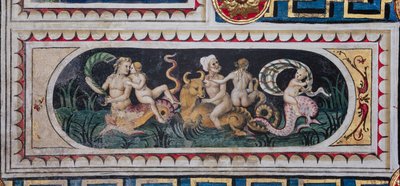 Die Piccolomini-Bibliothek, die Decke: kleineres Panel mit Szene eines maritimen Thiasus (Tritonen, Putto und eine Nereide), Fresko von Bernardino di Betto, bekannt als Pinturicchio von Bernardino di Betto Pinturicchio