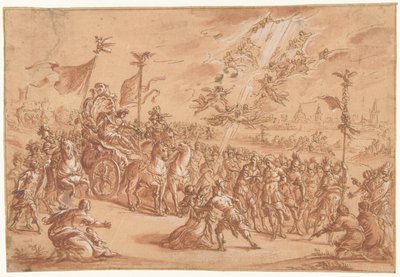 Ein heiliger Bischof kniet neben der Prozession eines römischen Imperators von Bernardo Castello (attributed to)