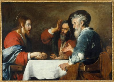 Christus in Emmaus. Christus erscheint den Pilgern an einem Tisch in einem Gasthaus in Emmaus. Gemälde von Bernardo Strozzi, 1640 von Bernardo Strozzi