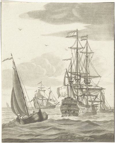 Kriegsschiff und drei Segelschiffe auf hoher See von Bernhard Schreuder