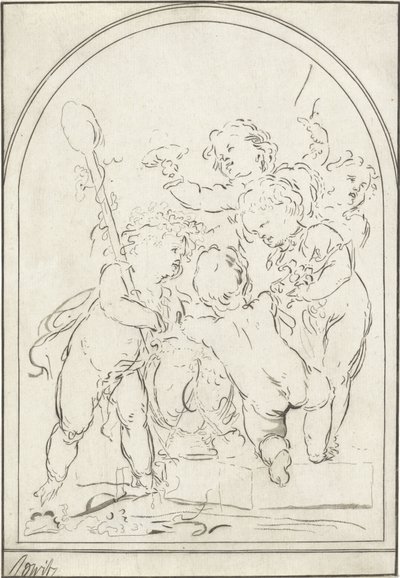 Fünf Putti bei einer Vase mit Weinranke von Bernhard Schreuder