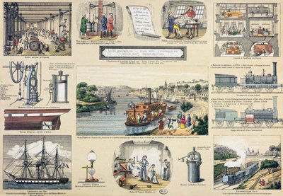 Geschichte des Dampfes, Illustration für ein Lehrbuch, Mitte des 19. Jahrhunderts von Bertmont