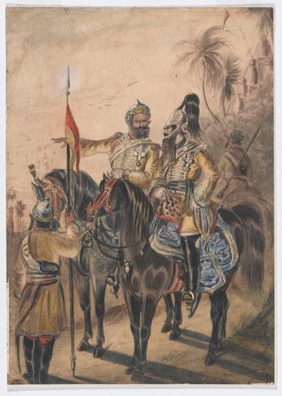 Zwei berittene Offiziere und ein abgestiegener Sowar, 4. Bengalische Irreguläre Kavallerie, ca. 1850 von Bethune Donald Grant