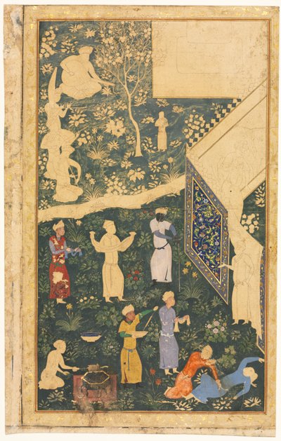 Musiker und Diener vor einem königlichen Lager, recto von Bihzad