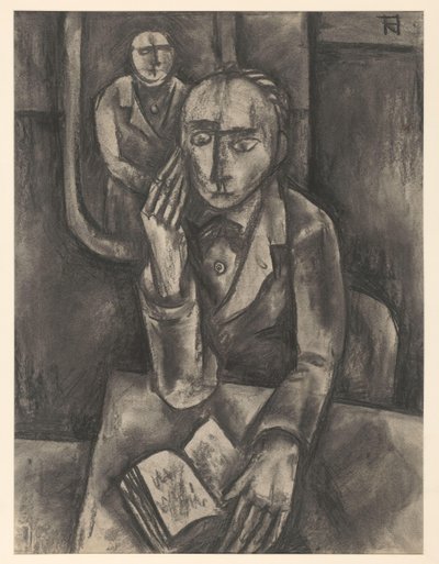 Mann sitzt am Tisch mit einem offenen Buch von Bob Hanf (signed by artist)