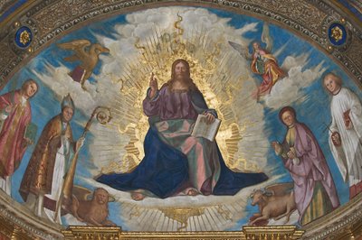 Der Erlöser in Herrlichkeit unter St. Himerius, St. Marcellinus, St. Omobono und St. Peter, und die Symbole der Evangelisten von Boccaccio Boccaccino