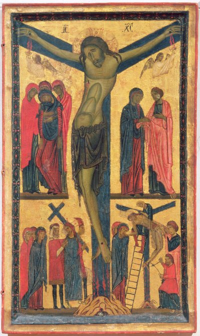 Die Kreuzigung mit heiligen Frauen, Trauernden, Christus auf dem Weg nach Golgatha und der Kreuzabnahme, rechte Tafel eines Diptychons von Bonaventura Berlinghieri