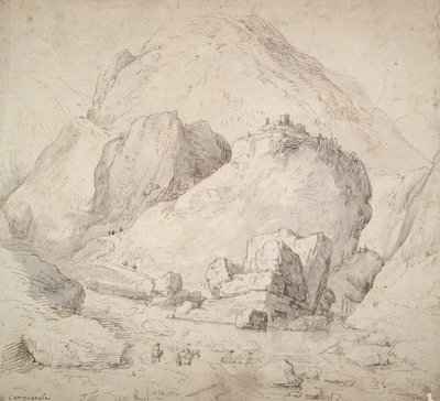 Gebirgige Landschaft mit Figur auf Pferd im Vordergrund von Bonaventura Peeters