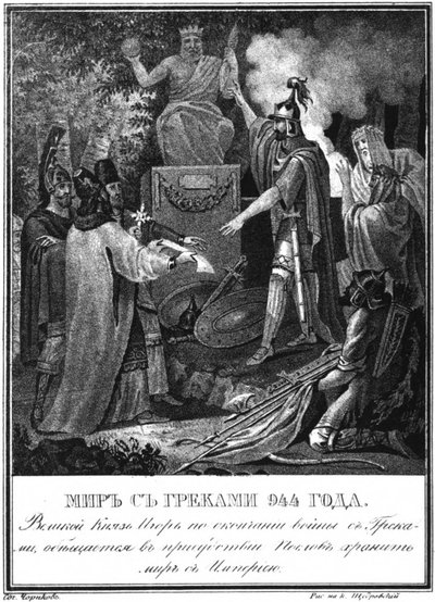 Prinz Igor schließt Frieden mit Byzanz. 944 aus Illustrierter Karamzin, 1836 von Boris Artemyevich Chorikov