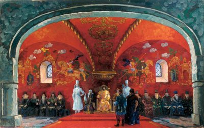 Darstellung von Boris Fyodorovich Godunov (1551-1605), Zar von Russland, Dekor für das Theaterstück „Boris Godunov“ von Alexander Sergejewitsch Puschkin von Boris Mikhailovich Kustodiev