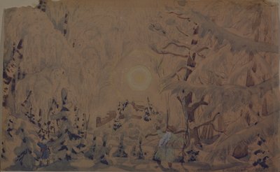Bühnenbild für die Oper Die Schneeflöte von N. Rimski-Korsakow, 1910 von Boris Mikhailovich Kustodiev