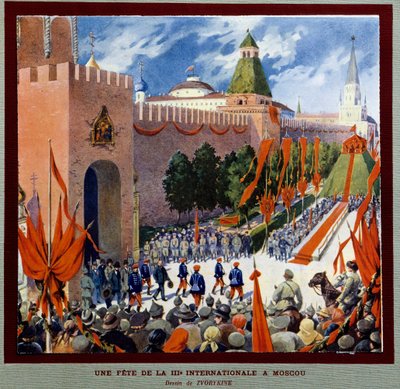Feier der Dritten Internationale in Moskau. Die Dritte Internationale (oder Komintern oder Kommunistische Internationale) wurde am 2. März 1919 gegründet. Zeichnung von Boris Zvorykin (1872-1935) von Boris Vasilievich Zvorykin