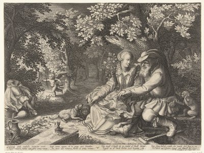 Tod und Amor schießen gegenseitig ihre Pfeile ab und alter Mann macht junger Frau den Hof von Boëtius Adamsz. Bolswert