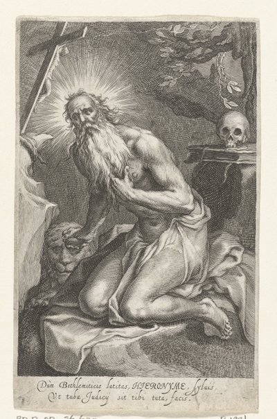 Heiliger Hieronymus von Bethlehem als Einsiedler (Dùm Bethlemiticis latitas..., Serie: Kluizenaars, Ad sacrum speculum...) von Boëtius Adamsz. Bolswert
