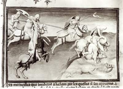 Ms Fr 2810 Der mongolische Anführer Hulagu, Khan des Ilkhanats, jagt seinen Cousin Berke, Khan der Kipchak oder Goldenen Horde im Jahr 1262 und zwingt ihn in einen Fluss, aus Livre des Merveilles du Monde, ca. 1410 von Boucicaut Master
