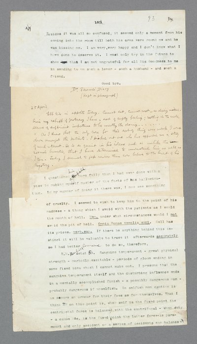 Seite 93, Kapitel 5, Teil des Phonographentagebuchs von Dr. Seward, das seinen Patienten Renfield beschreibt, aus Bram Stokers Originalmanuskript von 