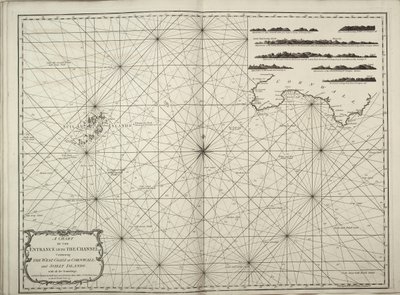 Eine Karte des Eingangs in den Kanal mit der Westküste von Cornwall und den Scilly-Inseln mit allen Tiefenangaben von British School