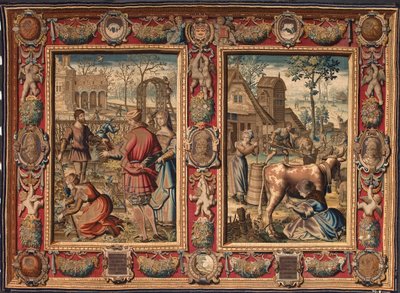 März und April: „landwirtschaftliche Arbeit und Kuhmelken“ Tapisserie der Manufakturen von Mortlake. 17. Jahrhundert Genua, Musei di Strada Nuova von British School