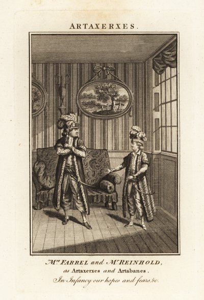 Mrs Margaret Farrel und Mr Charles Frederick Reinhold in persischer Tracht als Artaxerxes und Artabanes in Thomas Arnes Oper Artaxerxes von British School