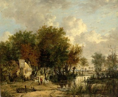 Flusslandschaft, Junge treibt Schafe von British School
