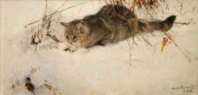Eine Katze, die eine Maus im Schnee verfolgt von Bruno Andreas Liljefors