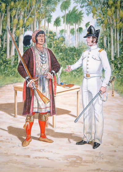 Osceola, Häuptling der Seminolen bei einem Vertrag mit einem Offizier des 2. Regiments der US-Dragoner in Florida von Bryan Fosten