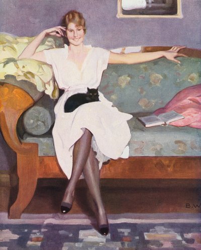 Frau mit Katze auf einem Sofa sitzend (Farblithografie) von Brynolf Wennerberg