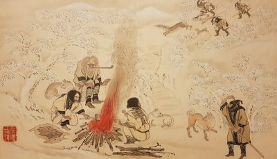 Sikahirschjagd. Aus der Serie Die Ainu, zweite Hälfte des 19. Jahrhunderts von Byozan Hirasawa