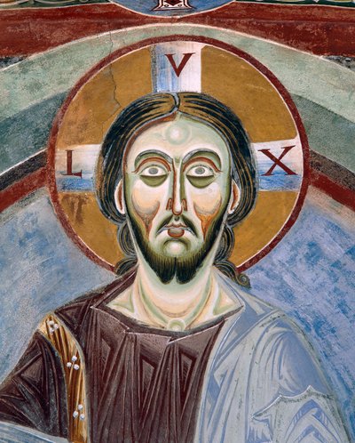 Antlitz Christi Pantokrator, Detail der romanischen Fresken im byzantinischen Stil, spätes 11. Jahrhundert, Kapelle des heiligen Eldrad und des heiligen Nikolaus, Abtei Novalesa, Piemont von Byzantine