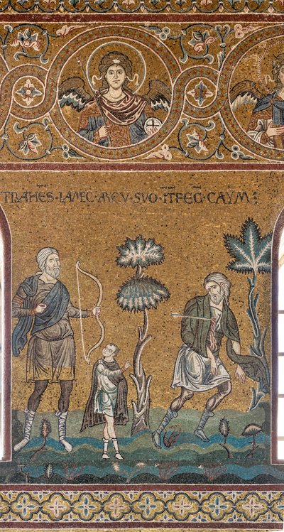 Lamech tötet Kain, Byzantinisches Mosaik, Altes Testament Zyklus-Irdisches Paradies, XII-XIII Jahrhundert von Byzantine