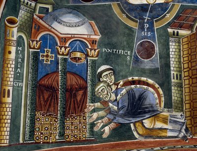 Der heilige Nikolaus wird zum Bischof von Myra geweiht, Detail aus den Geschichten des heiligen Nikolaus, Romanisches Fresko, Byzantinischer Stil, spätes 11. Jahrhundert, Kapelle des heiligen Eldrad und des heiligen Nikolaus, Abtei Novalesa, Piemont von Byzantine