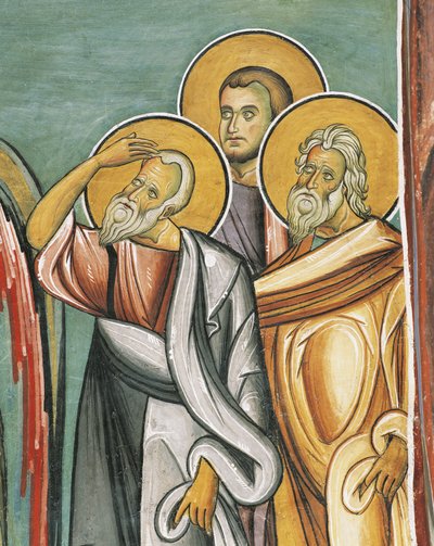 Drei Personen in einer Kirche, Panagia tou Araka, Byzantinisch, Troodos-Gebirge, Zypern von Byzantine