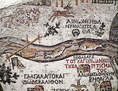 Byzantinische Kunst: älteste Karte Palästinas. Detail, der den Fluss Jordan und seine Mündung ins Tote Meer darstellt. Mosaik des 6. Jahrhunderts. Madaba, Kirche St. Georg von Byzantine School
