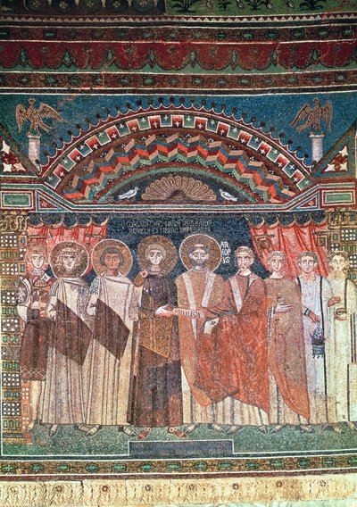 Konstantin IV. gewährt Bischof Reparatus Privilegien für die Kirche von Ravenna, 671-77 (Mosaik) von Byzantine School