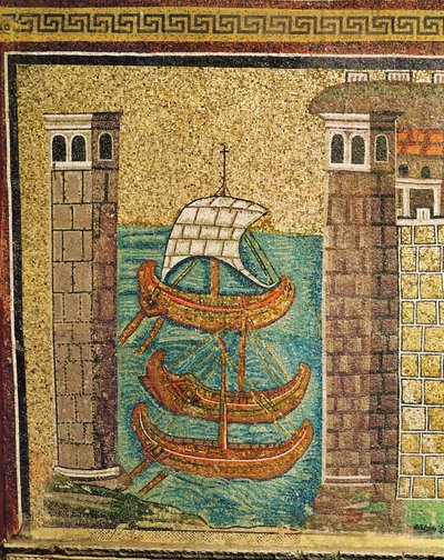 Eingang zum Hafen von Classe, Hafentürme und drei Schiffe (Detail) von Byzantine School
