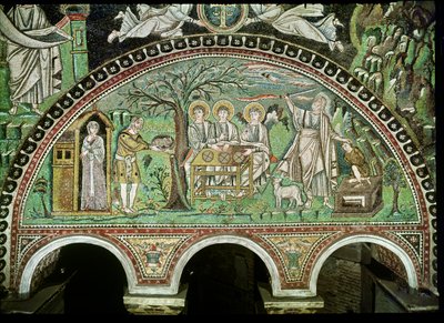 Die Gastfreundschaft Abrahams und das Opfer Isaaks, 6. Jahrhundert von Byzantine School