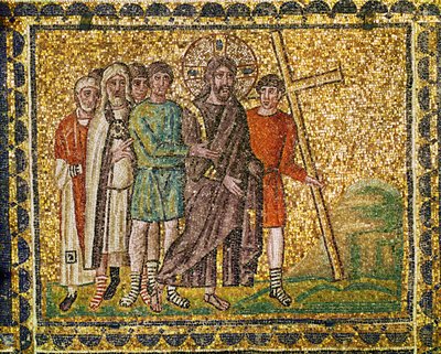 Das Tragen des Kreuzes. Christus, Soldaten und Hohepriester auf dem Weg nach Golgatha von Byzantine School